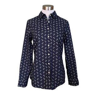 Talbots Navy Blue White Anchor Print Top Womens 6 Preppy Nautical Blouse Shirt